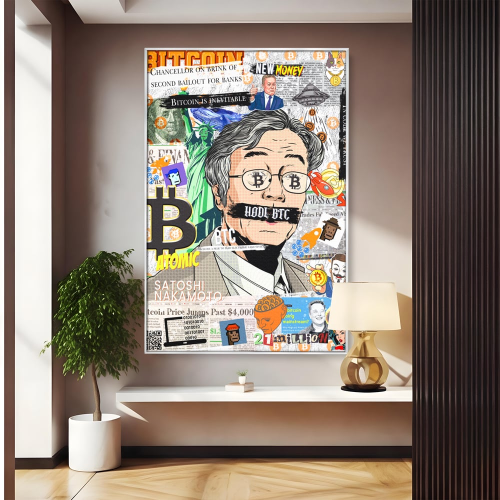 Tablou canvas cu tablou canvas cu portret stilizat bitcoin si satoshi, in rama de aluminiu argintiu